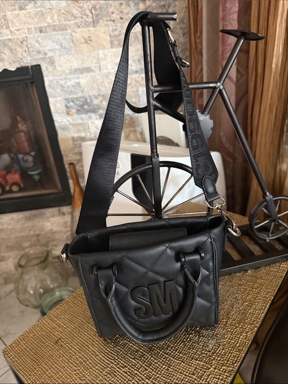 Steve Madden Black Quilted SM Crossbody Tote